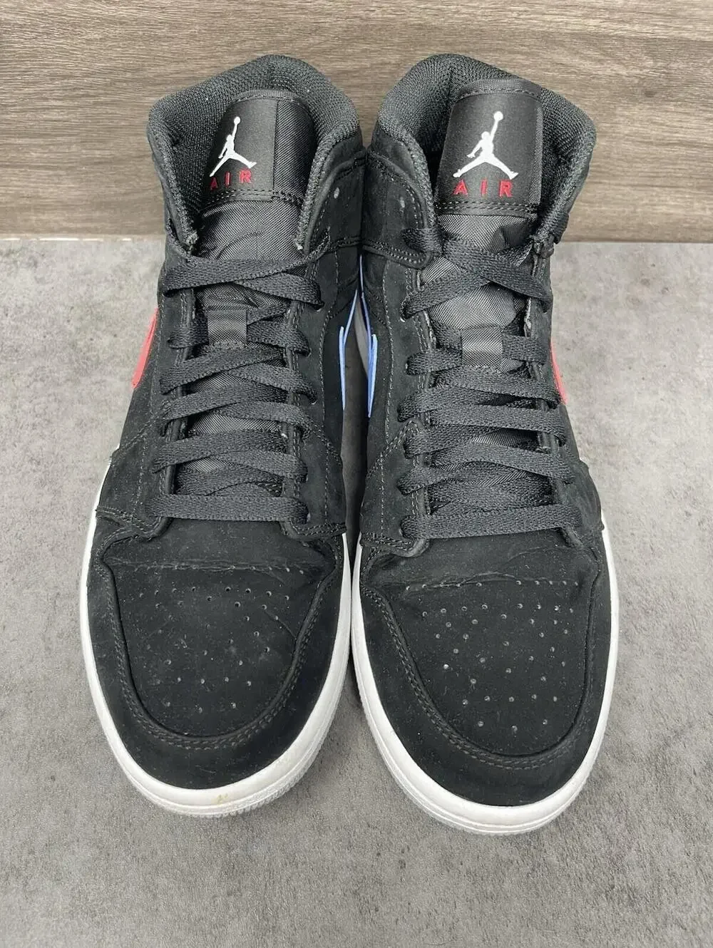 Air Jordan 1 Mid Multi Color Swoosh Black Shoes Mens Size 9 Red Blue Lot 554724